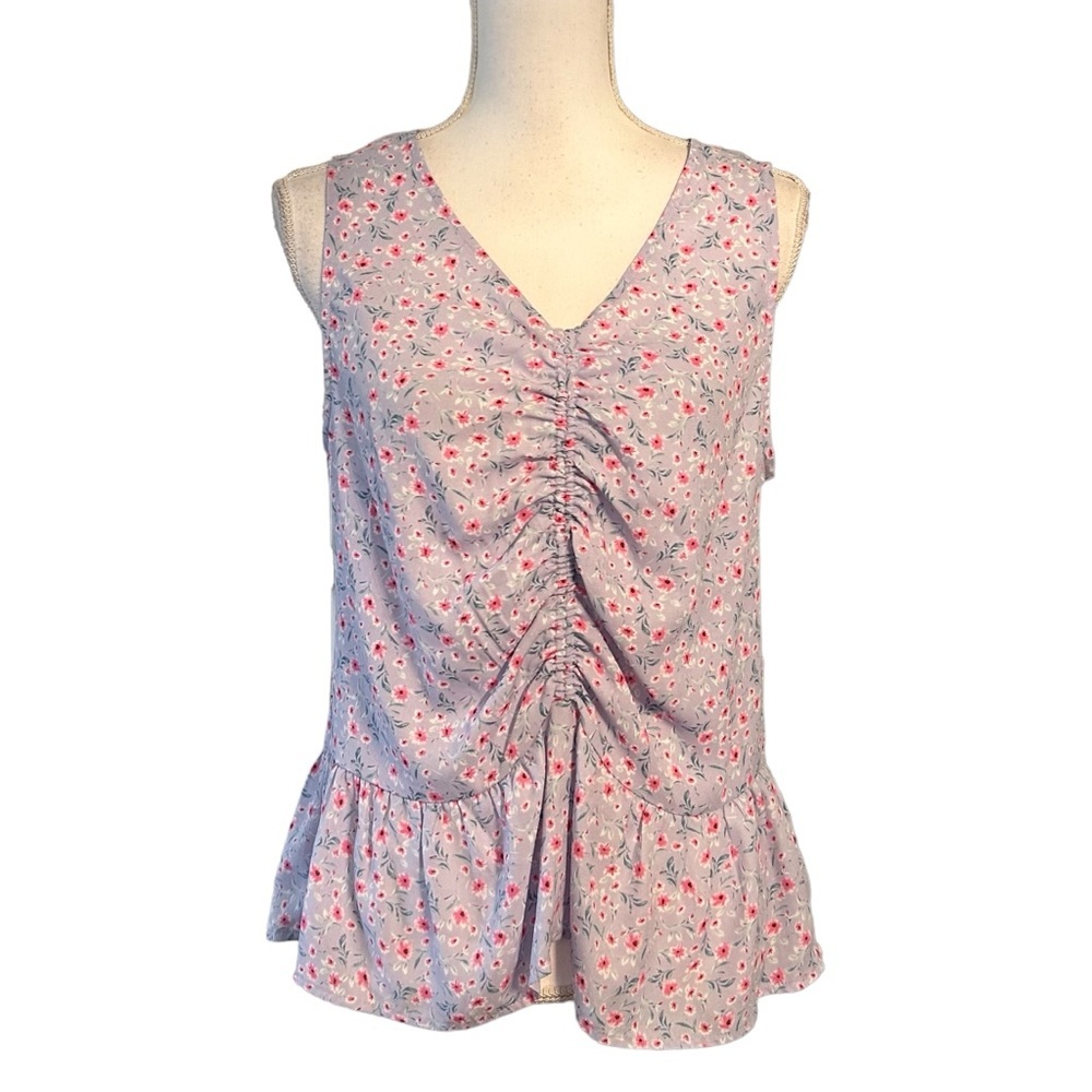 Pleione Sleeveless Front Ruched Pink Floral Boho Tank Top Women’s SZ Small